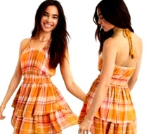 Aerie Plaid Ruffle Halter Mini Dress Tiered Handkerchief Orange Honey Boho S