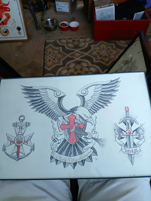 Tattoo Flash Art Sheet - Eagle with Cross, Anchor & Sword Sketch Designs