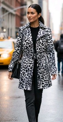 Vintage Cache Trench Coat Medium White Gray Leopard Print Belted Y2K Mob Wife