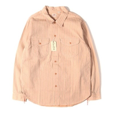 SUGAR CANE Shirt Beige Sz: L | Cork Stripe Herringbone Work COKE Used BEEG-0