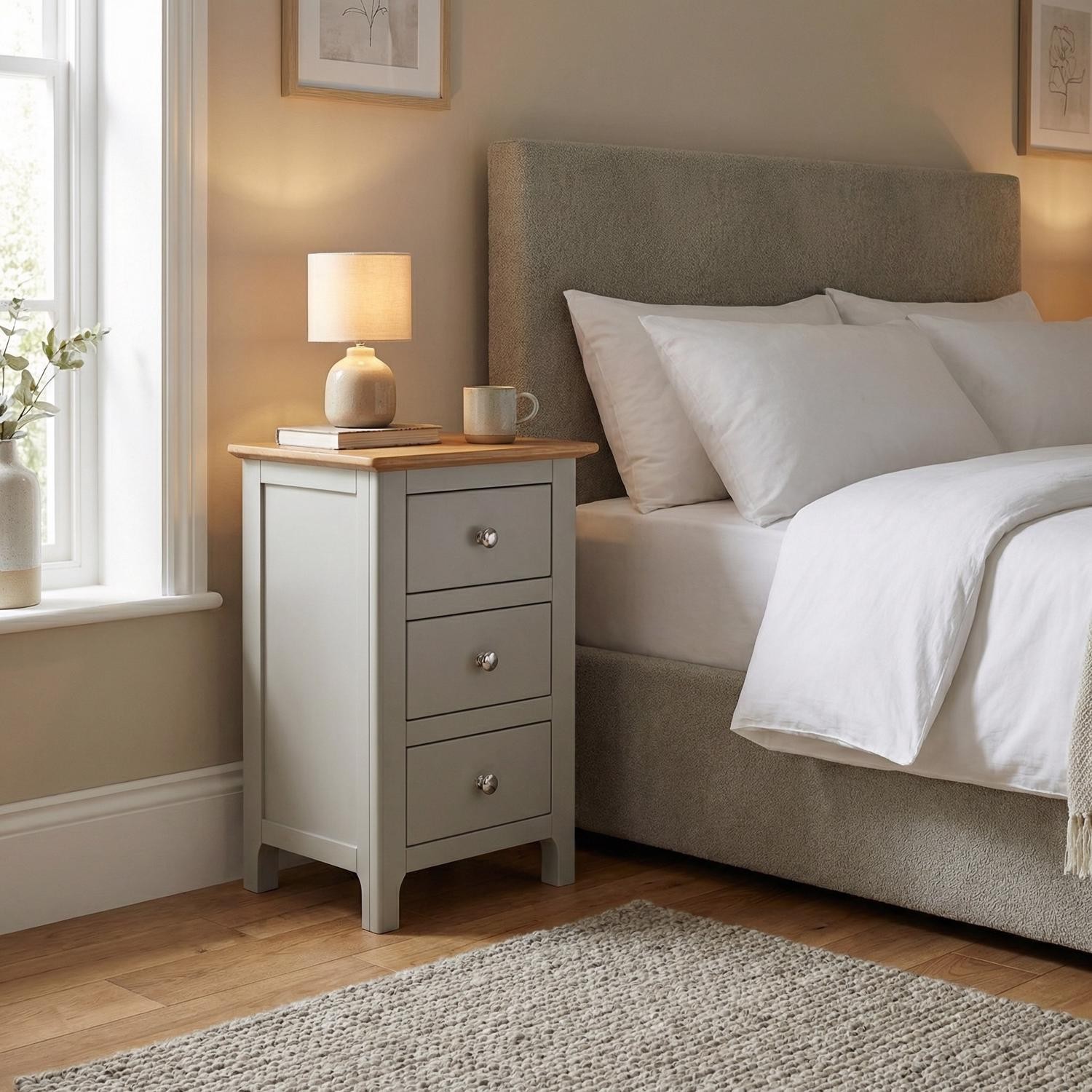Slim 3 Drawer Bedside Table Nightstand Oak Veneer Painted Finish Sage Green