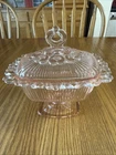 Indiana Depression Glass Laced Edge Pink Ribbon 7 1/8” Footed Dish and Lid