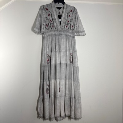 Young Threads Grey Hand-Aari Embroidered V-Neck Tiered Maxi Dress Viscose Size S