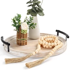 Round Wood Tray/w Wood Bead Garland - 13" Decorative Trays for Home Decor - R...