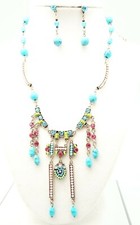 DESIGNER INSPIRED 20 in BLU ROSA CRISTALLO FINTO TURCHESE SILVERTONE SET GIOIELLI