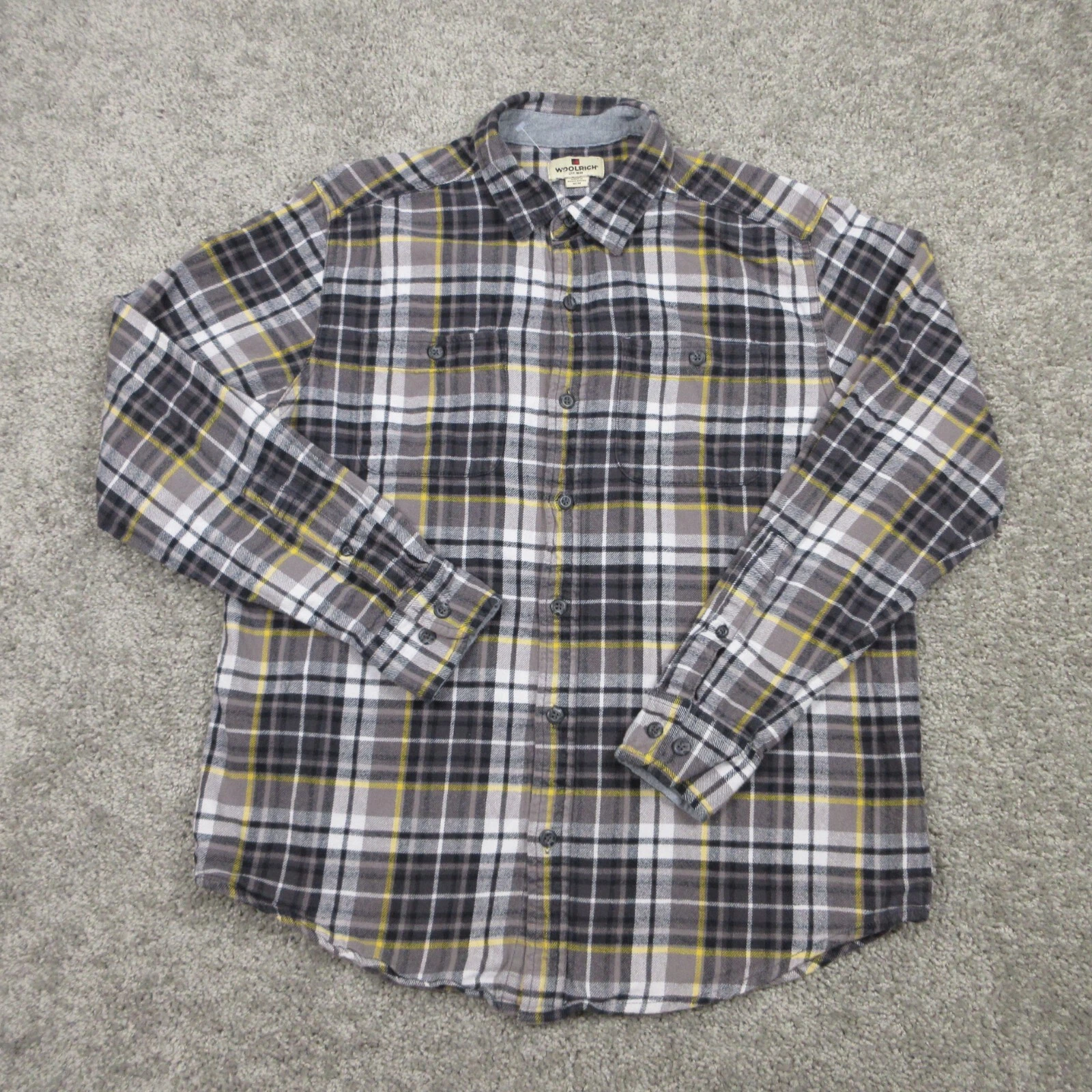 Woolrich Shirt Mens Medium Gray Plaid Tartan Twill Flannel Outdoor Button Up