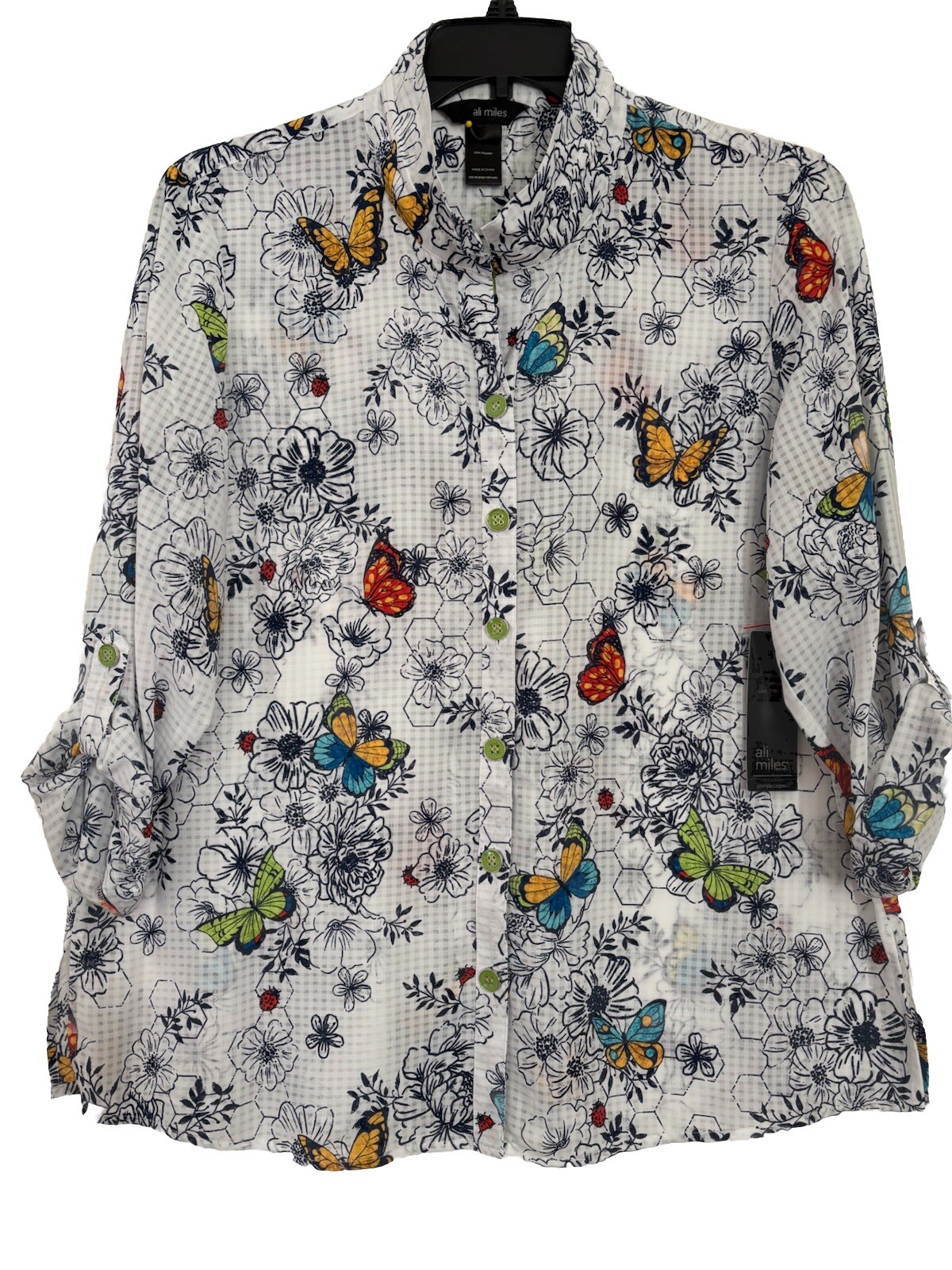 Ali Miles Butterfly Floral Print Button Front Tunic Wired Collar Plus 0X NWT