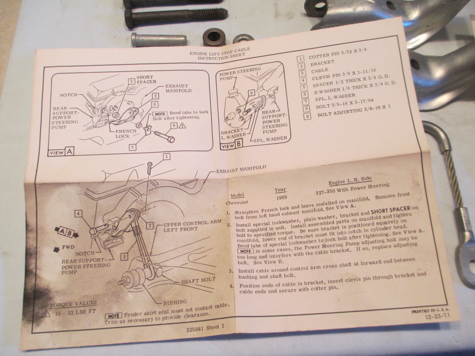 NOS GM ENGINE LIFT STOP KIT 325874 1969 CHEVY IMPALA CAPRICE BELAIR 327