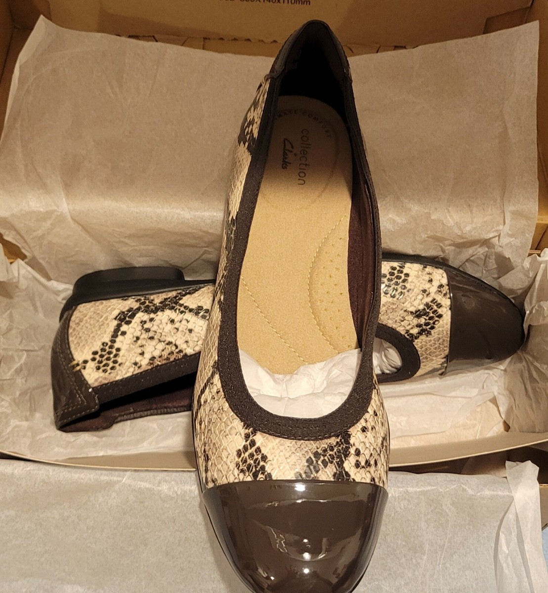 Clarks Cap-Toe Flats Taupe Snake Sara Orchid Various Sizes Ships