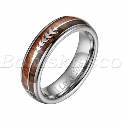Men's Women's ''I Love You'' Dome Tungsten Ring Wood Arrow Engagement Wedding Band