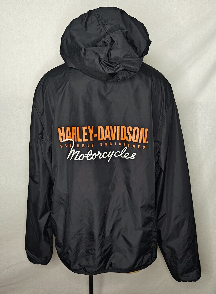 HARLEY-DAVIDSON ブラックナイロンジャケット Womens Harley Davidson Motorcycles black zip-up hooded windbreaker