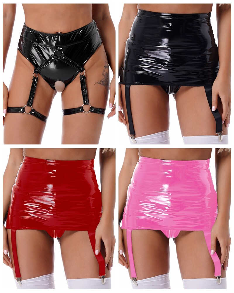 Women's Mini Skirt Latex Garter with 6 Straps Metal Clip Holder Suspender  Belt