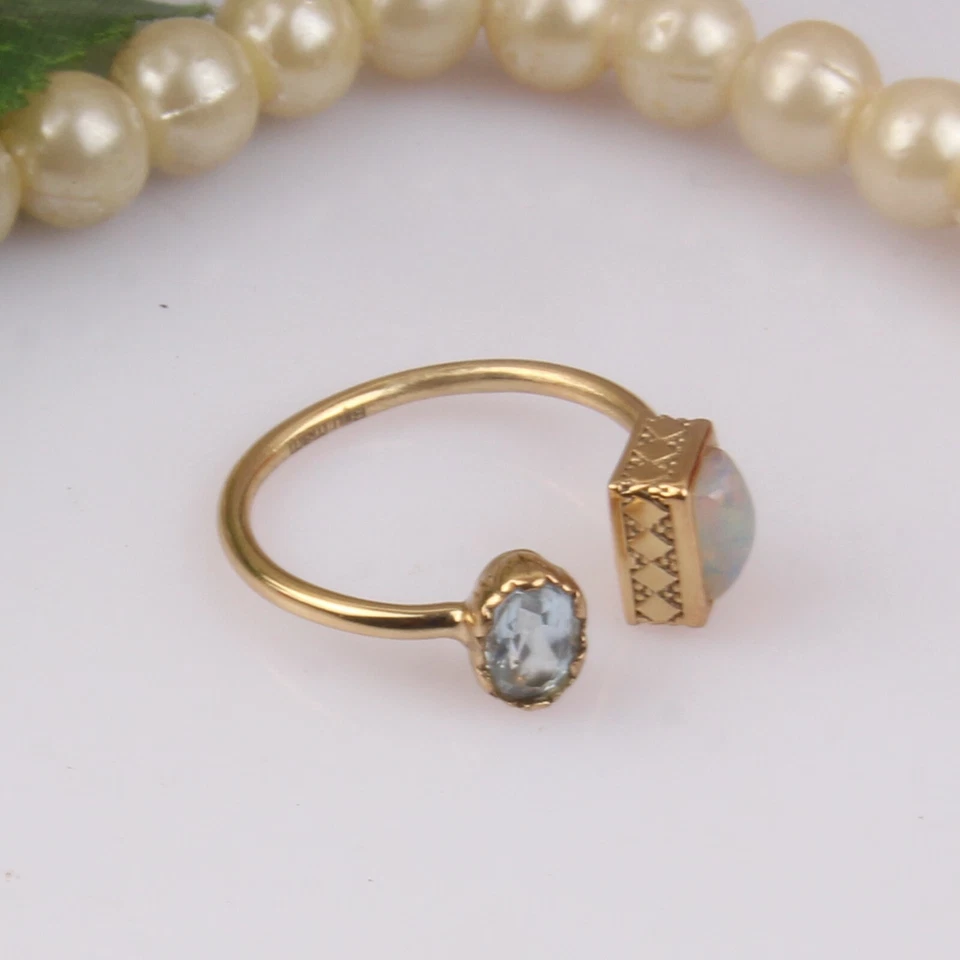 Anillo de piedras preciosas de topacio azul y ópalo con anillo de doble piedra enchapado en oro de 18 quilates joyería Foto 2 de 4