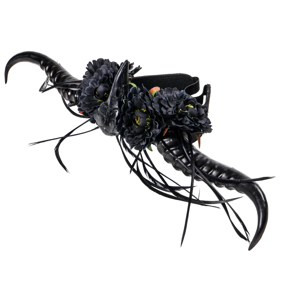 Diadema de cuerno de hadas con diseño de calavera y flores de pájaro para disfraces de mujer Foto 3 de 4