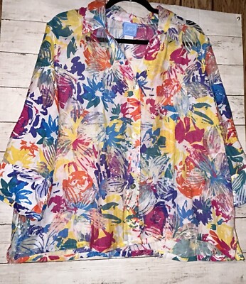 Lark Lane Button up Collared Floral Multicolor 3/4 Sleeve Top Plus SZ 18