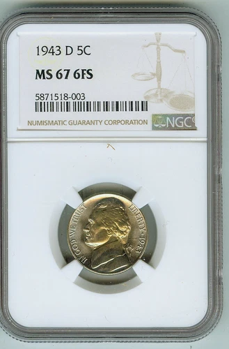 PQ! NGC MS 67 6 Full Steps 1943 D Silver Nickel 