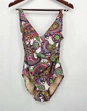 Gottex Paisley One Piece Swimsuit Women's Size 8 White Pink Green Slimming Swim