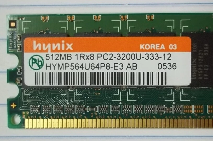 Hynix 512MB PC2-3200 DDR2-400MHz non-ECC Unbuffered CL3 240-Pin DIMM * HYMP564U6 - Image 3 of 4