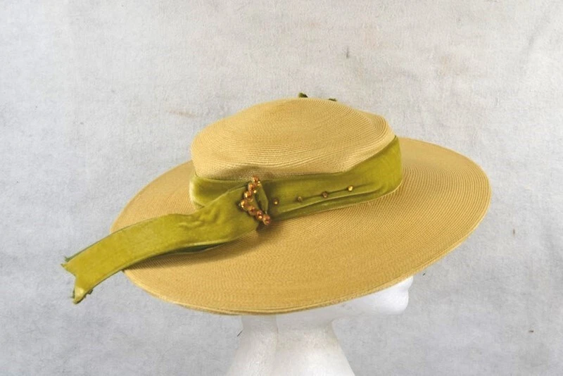 antique hat straw wide brim Edwardian style natural Casper Davis 1890 original - Image 3 of 4