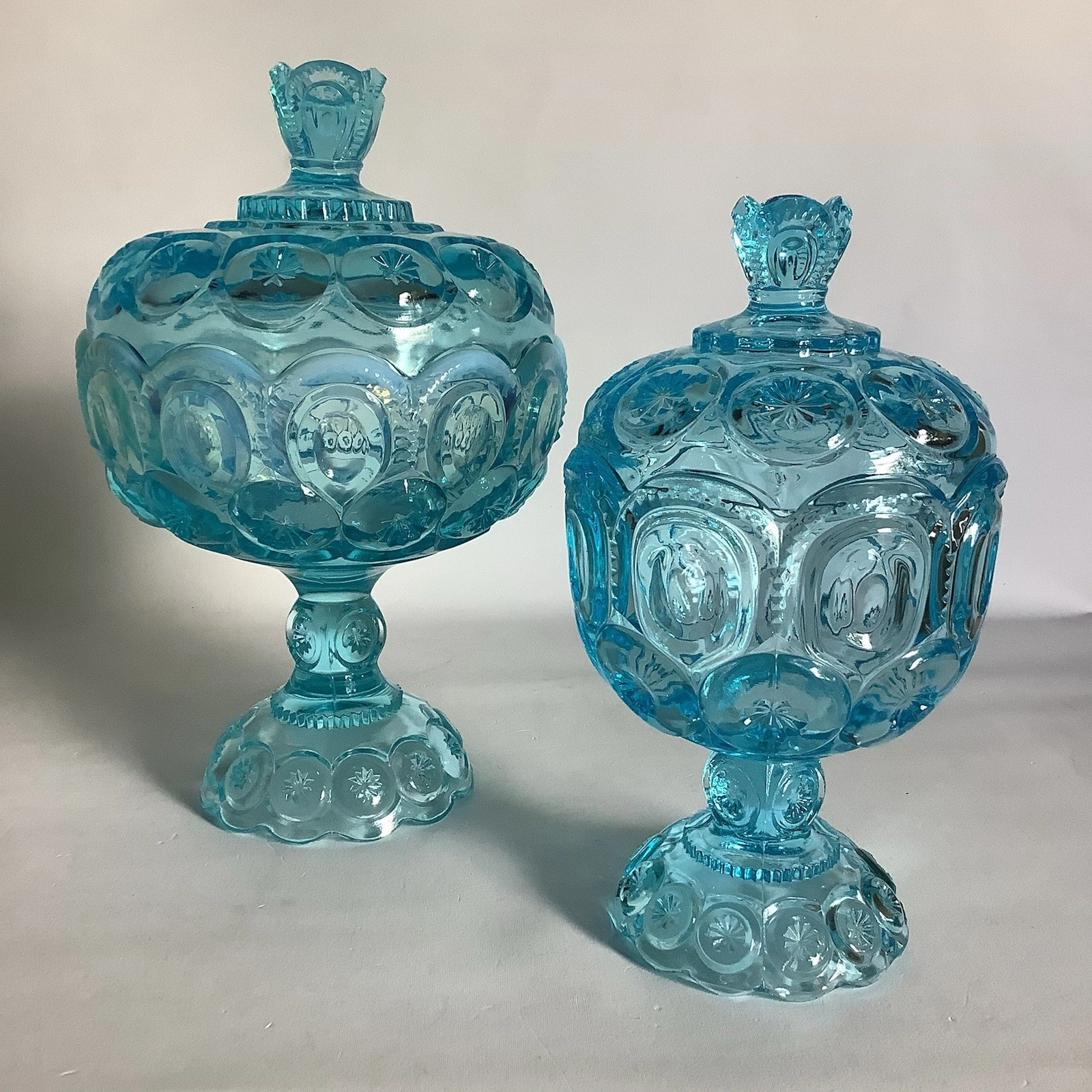 Vtg LE Smith Light Blue Glass Moon and Stars 8" & Opalescent 10" Compote w Lids