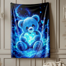 Blue Teddy Bear Glowing Heart Coral Fleece Blanket Cute Decor