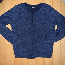 Lands  End Girls Navy Sparkle Cardigan Sweater Button Front Size L 14 /b6