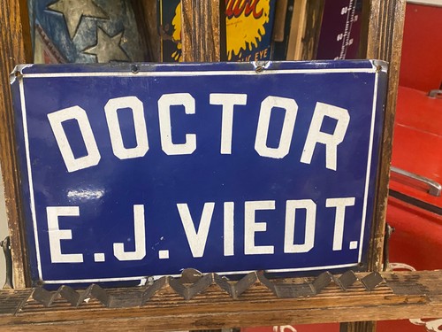 Vintage Cobalt Blue Porcelain Doctor E.J. Viedt Sign 15" x 10" GAS OIL SODA COLA