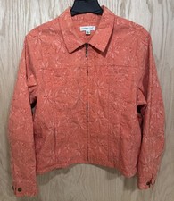 Coldwater Creek Sz 1X Jacket Embroidered Flowers Brocade Jacquard Zip Up Orange