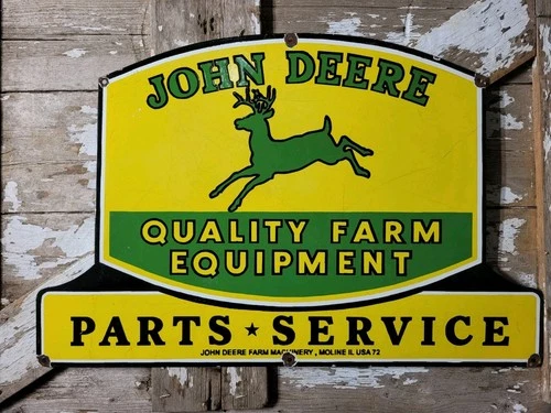 VINTAGE JOHN DEERE PORCELAIN SIGN 36" OLD 1972 QUALITY FARM TRACTOR EQUIPMENT