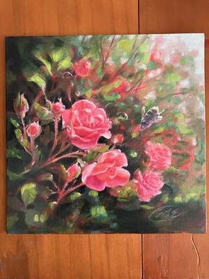 Original Roses Bumblebee Painting Floral Garden Art Ladybug Surreal Realism EAE