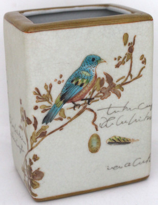 Vase Keramik Vogel peint à la main handbemalt Schrift H 13 cm
