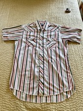 VTG Wrangler Shirt Mens 17 L/XL Striped Pearl Snap Cowboy Cut X Long Tails Thin