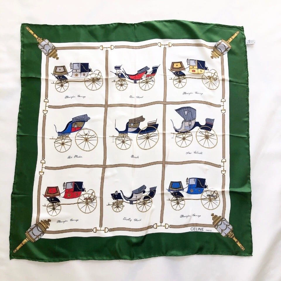 RARO CELINE Bufanda de Seda Verde De Colección Para Mujer Auténtica Excelente de Japón Foto 2 de 4