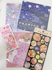5pc Kawaii Japanese Washi Stationery Lot Origami Paper Foil Stickers Cat Pouch
