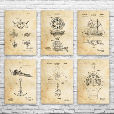 Nautical Patent Wall Art Set of 6 Poster, Canvas or Framed Sailing Gift