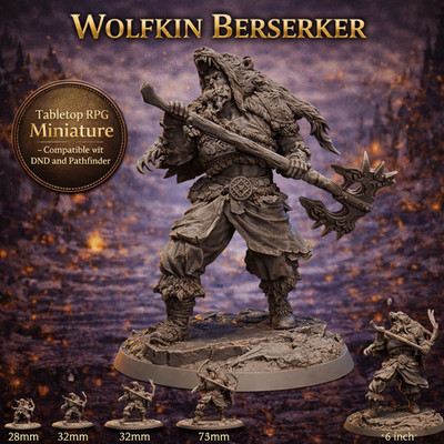 Wolfkin Berserker 32mm Miniature RPG DND Pathfinder Warrior Resin