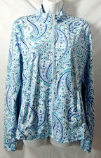 Sigrid Olsen Jacket Golf Tennis Large Blue Paisley Zip Pockets Slit Cuff Stretch