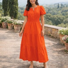 Quince SZ S 100% Organic Cotton Tiered Maxi Dress Vermilion Red NWT