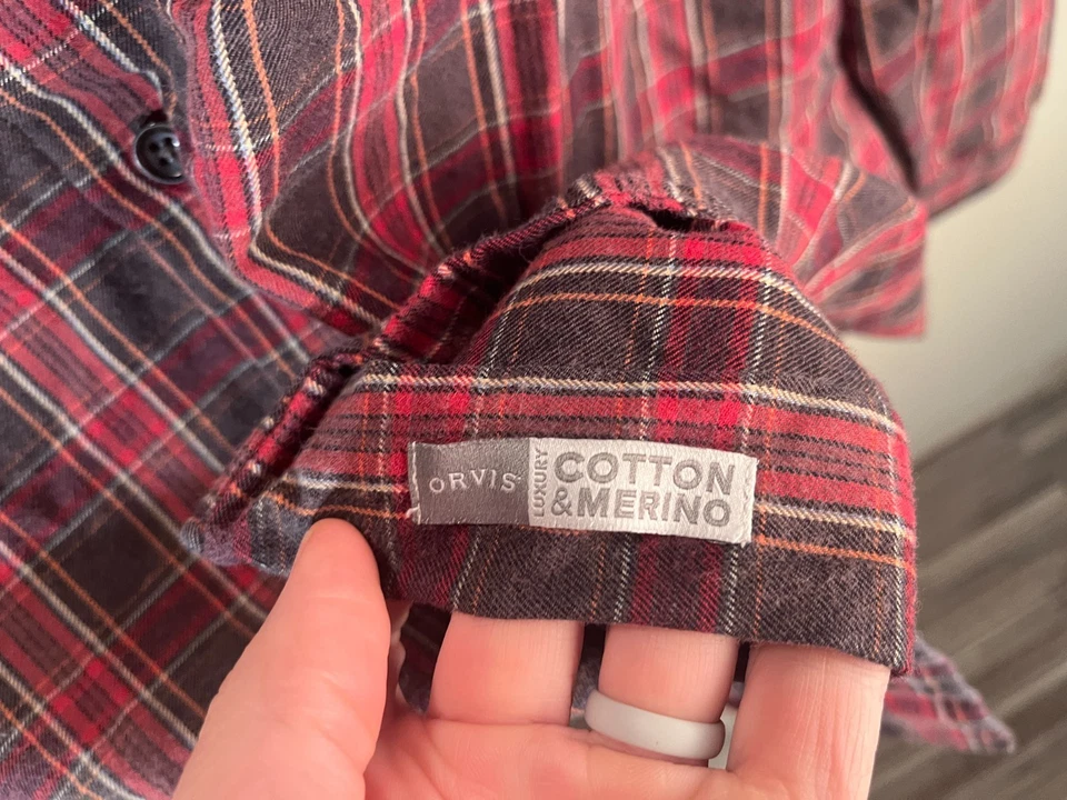 ORVIS Мужская красный и коричневый клетку хлопок / мериноса смесь l/s рубашка большой L EUC - Изображение 4 из 4