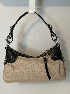 DKNY Beige Logo Purse, Zip Top, Silver Hardware- 12  long x 7  tall