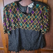 Silk Mark & John Gopal Black w/purple & green beads/sequin Cocktail Evening XL