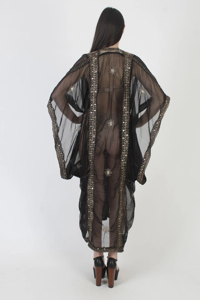 Vestido Vintage India Cocoon Negro Metálico Bordado Gitano Gótico Bruja Caftán Foto 3 de 4