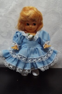 Vintage 1950's 6'' Hard Plastic Little Girl Doll in Blue Lace Trim Dress