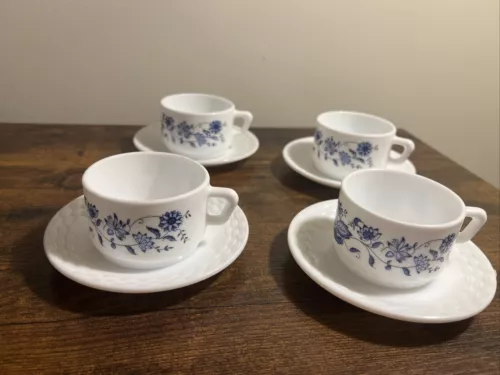 Set of  4 Vintage Arcopal France cappuccino Cup & Saucers Blue Flowers