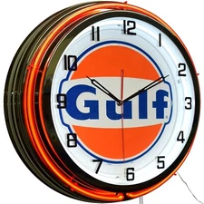 19" Gulf Oil Gasoline Station Logo Sign Double Neon Clock Garage Decor (Orange)