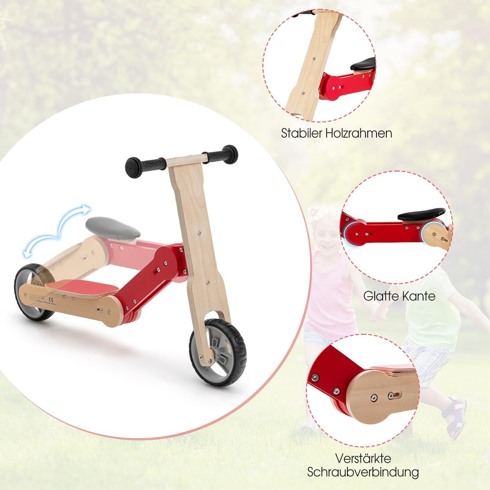 2in1 Kinderroller Laufrad Kleinkinderroller Holz Scooter mit Abnehmbar Sitz