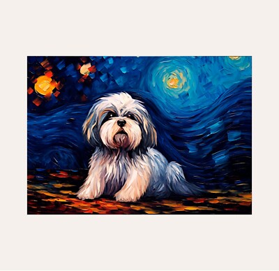 Lhasa Apso Dog in Starry Night Poster Print A3 Size
