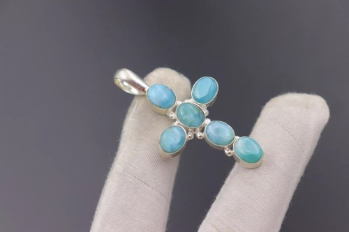 Natural Larimar Gemstone Cross Pendant 925 Sterling Silver Spiritual Pendant - Picture 4 of 6
