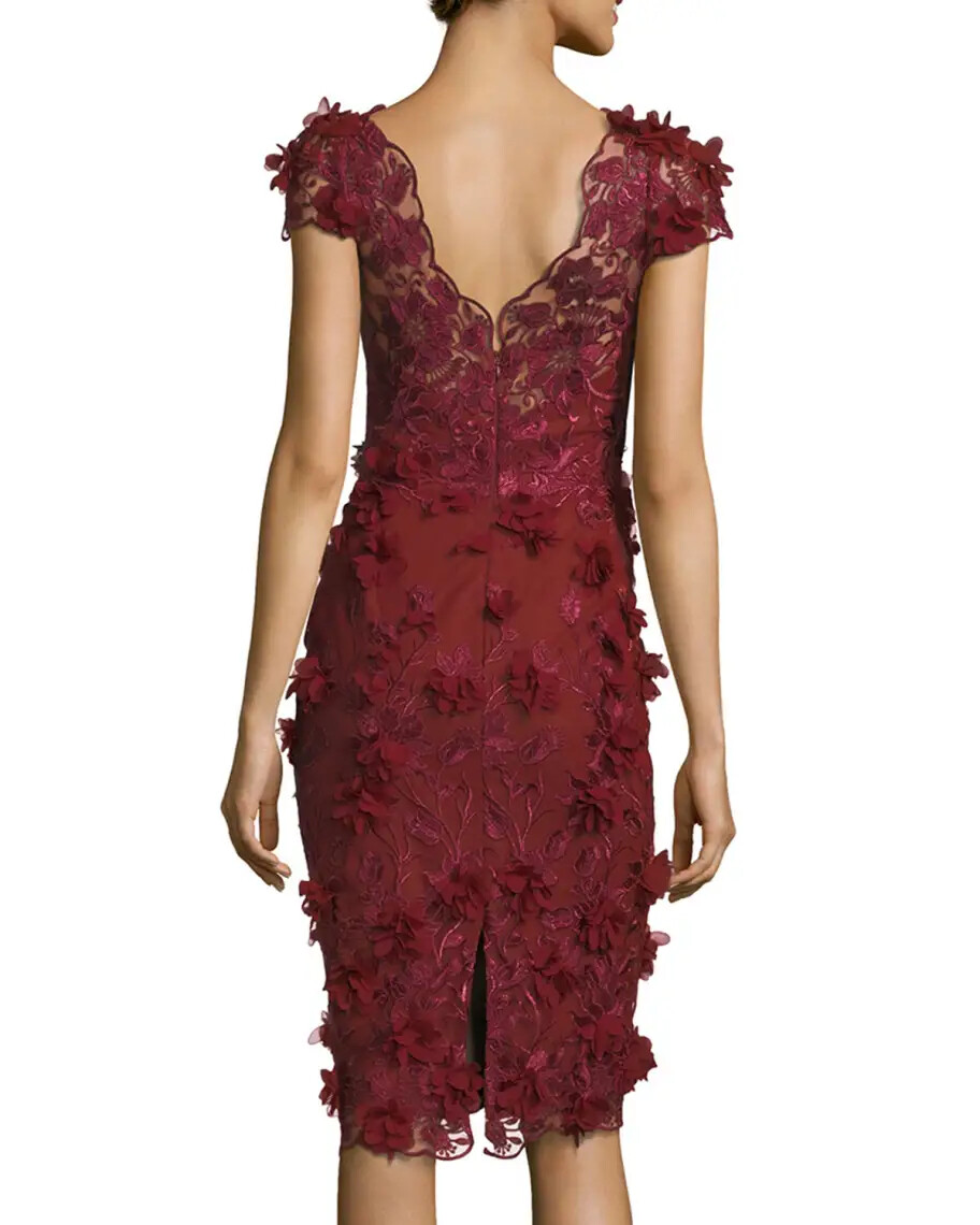 Marchesa Notte V-Neck 3D Petal Sheath Cocktail Dress, Wine, Women's, 14
