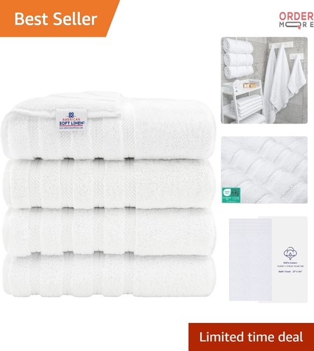 Super Absorbent White Bath Towel Set - 4 Large 100% Cotton Towels, 27x54 in